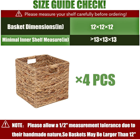 12x12in Storage Baskets Set of 4 Water Hyacinth Baskets,Foldable Handwoven Storage Cubes,Wicker Cube Baskets Laundry Organizer Totes for Home