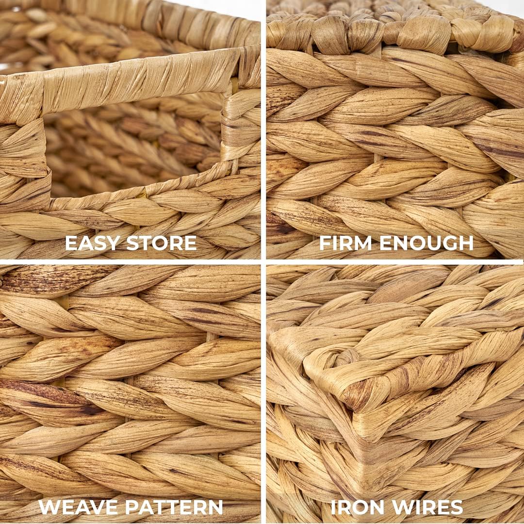 BARIEN Set of 6 Natural Water Hyacinth Woven Storage Baskets 12.6” x 8” x 7”, Rectangular Wicker Basket with Built-in Handles, Medium (Natural - Set of 6)