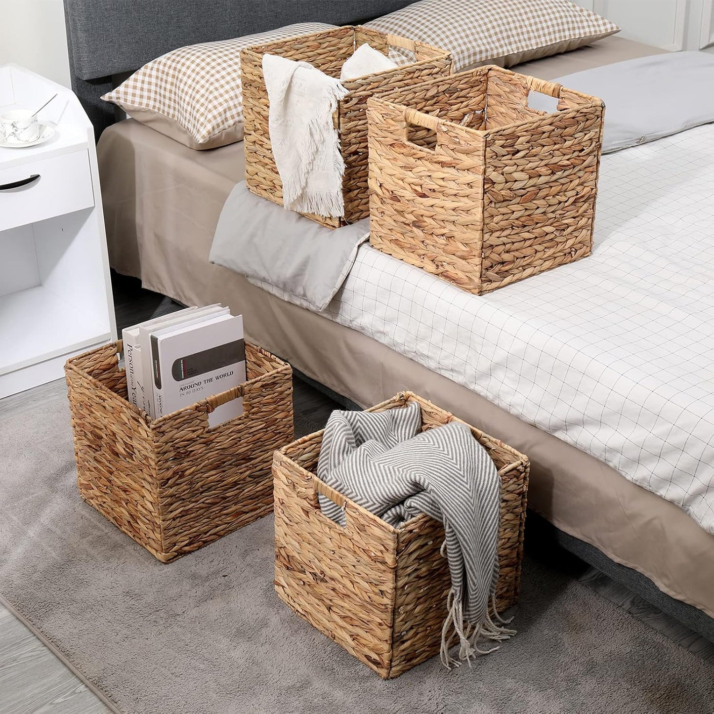 12x12in Storage Baskets Set of 4 Water Hyacinth Baskets,Foldable Handwoven Storage Cubes,Wicker Cube Baskets Laundry Organizer Totes for Home