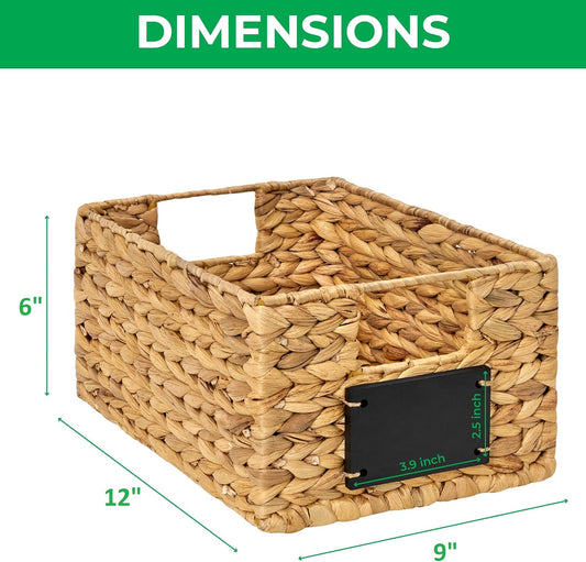 BARIEN 6 Pcs 12" x 9" x 6" Natural Water Hyacinth Woven Storage Baskets, Rectangular Wicker Basket with Built-in Handles, Woven Cube Storage Bin with Chalkboard Label Chalk Marker (Natural - Set of 6)