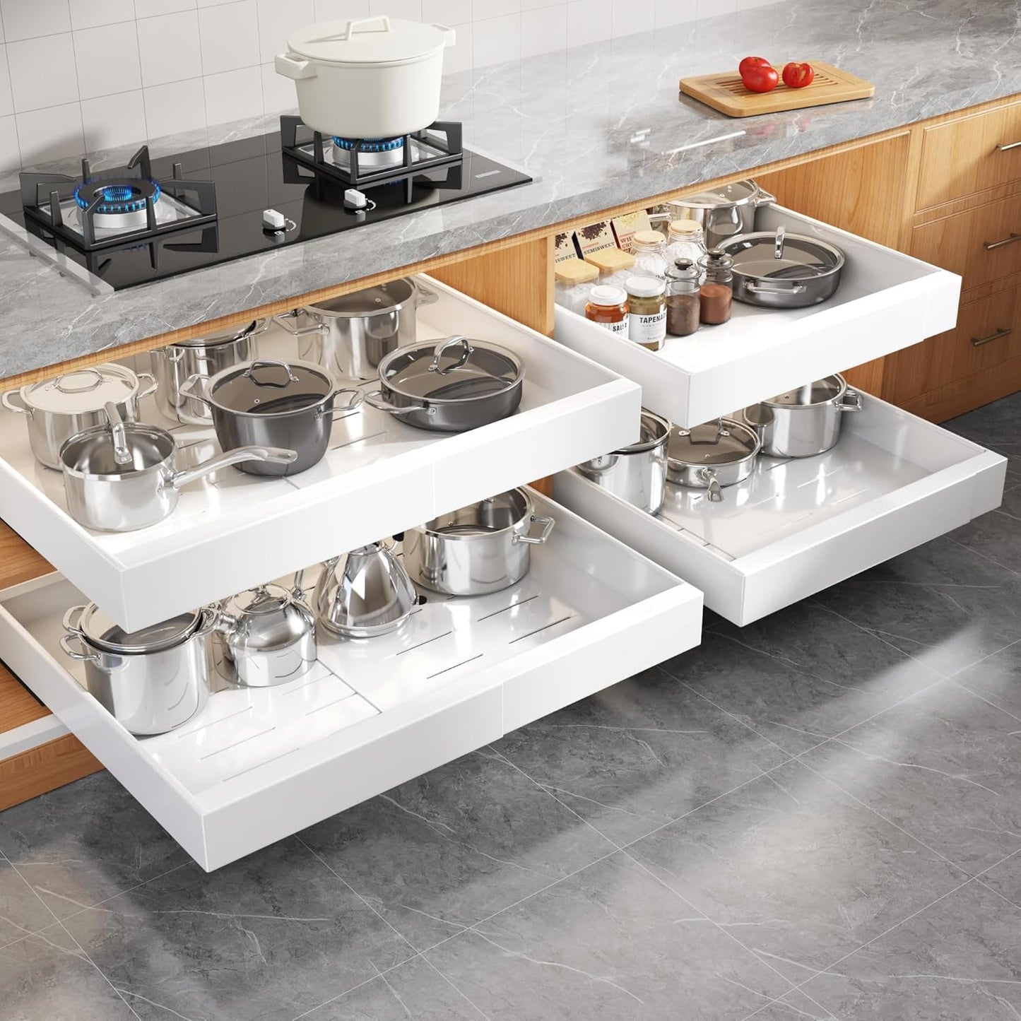 2Pack Expandable Pull Out Cabinet Organizer 21"Deep With Raising Pad for Framed Cabinets, Upgrade 3 Slide Rails Slide Out Drawers, Roll Out Shelves Adhesive,Adjustable Width 12.05"-20.4"White