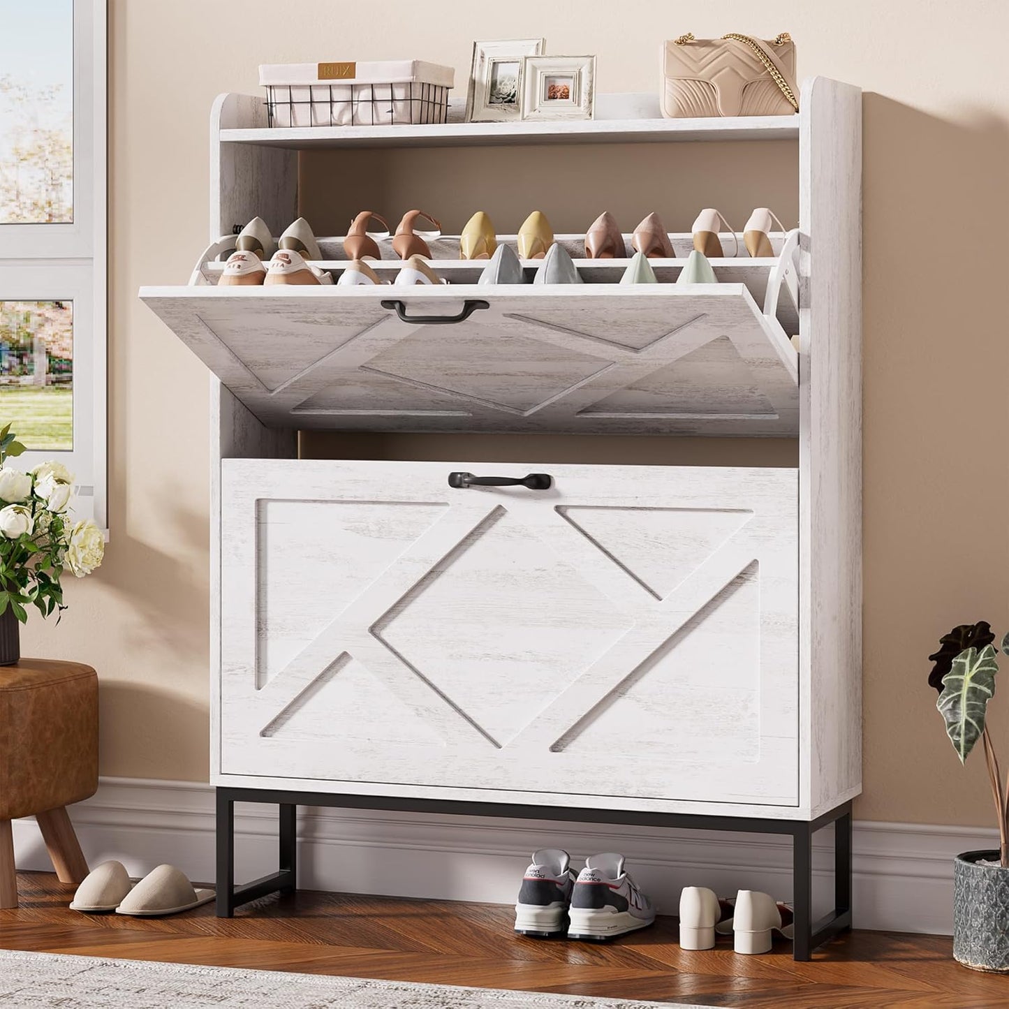 Nicetree Shoe Cabinet Organizer with 2 Flip Drawers, Freestanding Narrow Rack with Metal Legs, Farmhouse Slim Shoe Storage for Entryway, Foyer, Hallway, Rustic Brown