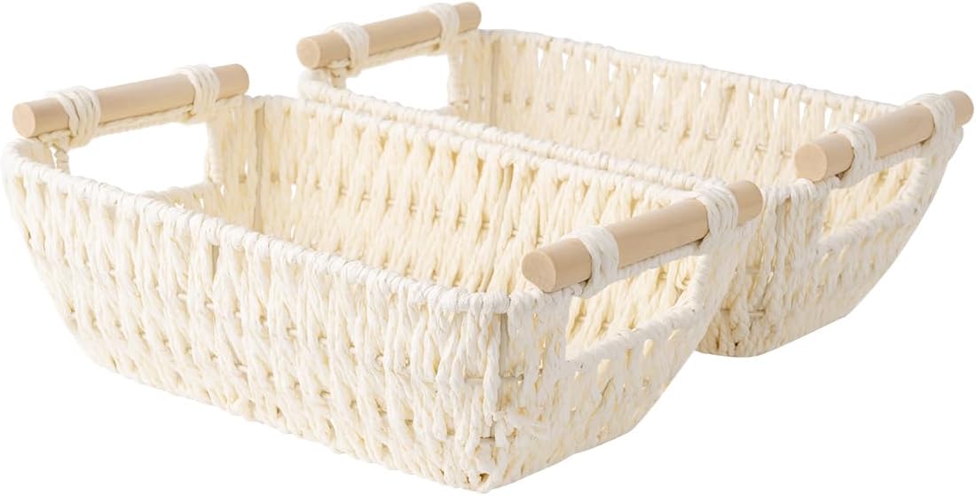 StorageWorks Hand-Woven Large Storage Baskets with Wooden Handles, Water Hyacinth Wicker Baskets for Organizing, 2-Pack