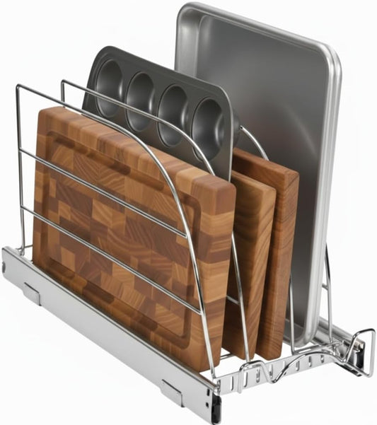 HOLDN’ STORAGE Pull Out Organizer for Bakeware, Cutting Board and Trays, Adjustable Dividers - Heavy Duty, Lifetime Limited Warranty - For Narrow Cabinet Spaces, 8.5”W x 21”D x 11”H, Chrome