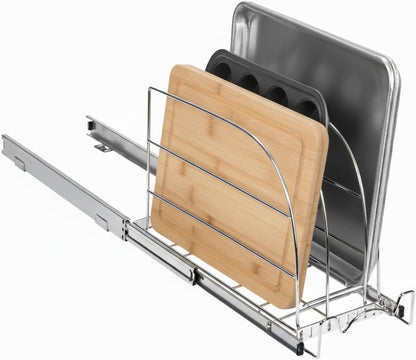 HOLDN’ STORAGE Pull Out Organizer for Bakeware, Cutting Board and Trays, Adjustable Dividers - Heavy Duty, Lifetime Limited Warranty - For Narrow Cabinet Spaces, 8.5”W x 21”D x 11”H, Chrome