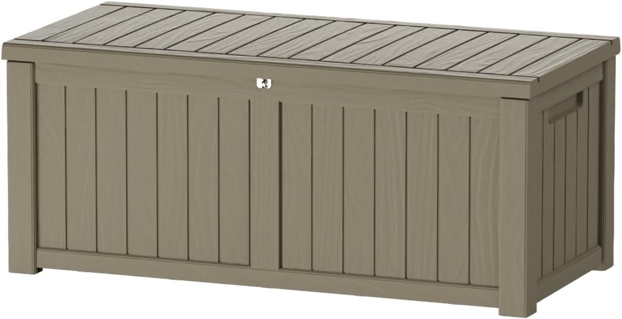 TARKARI 180 Gallon Lockable Resin Deck Box, Waterproof & UV-Resistant Outdoor Storage Box for Outdoor Cushion Storage, Garden Tools & Pool Accessories Storage, Gray