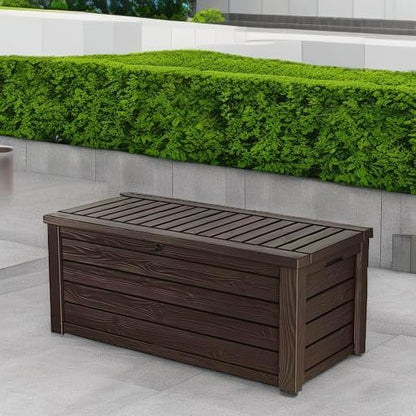 Keter Westwood 150 Gallon Deck Box Organizer, Doubles as 2-Person Bench Seat, Brown – Large Resin Outdoor Storage and Seating with Lockable Lid for Garden, Pool, and Patio