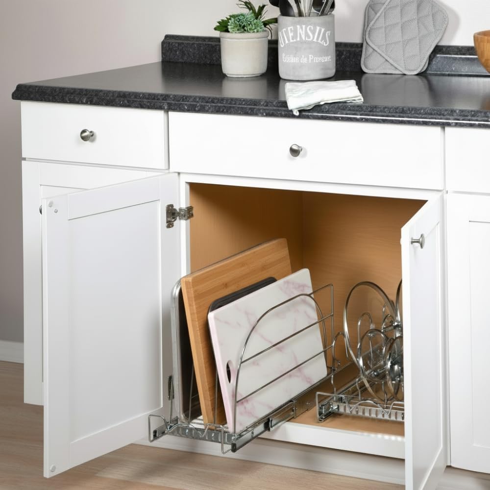 HOLDN’ STORAGE Pull Out Organizer for Bakeware, Cutting Board and Trays, Adjustable Dividers - Heavy Duty, Lifetime Limited Warranty - For Narrow Cabinet Spaces, 8.5”W x 21”D x 11”H, Chrome