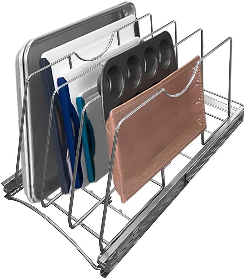 Pull Out Cookie Sheet Organizer for Cabinet, Pan and Pot, Cutting Board, Bakeware, Tray Organizer Rack, Sliding Rack- Heavy Duty, Adjustable Divider Width, 10" W x 22" D x 11" H, Chrome