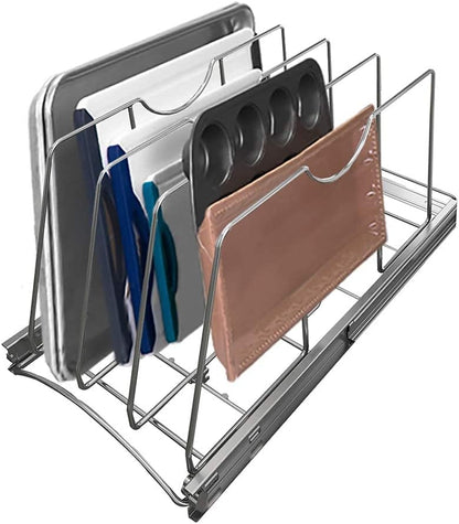 Pull Out Cookie Sheet Organizer for Cabinet, Pan and Pot, Cutting Board, Bakeware, Tray Organizer Rack, Sliding Rack- Heavy Duty, Adjustable Divider Width, 10" W x 22" D x 11" H, Chrome