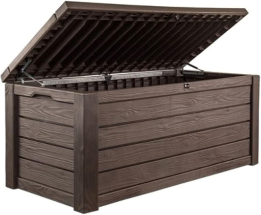 Keter Westwood 150 Gallon Deck Box Organizer, Doubles as 2-Person Bench Seat, Brown – Large Resin Outdoor Storage and Seating with Lockable Lid for Garden, Pool, and Patio