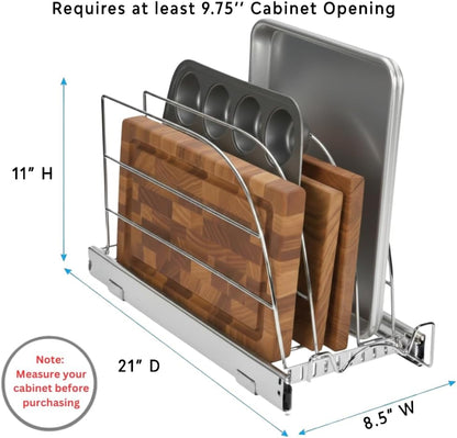 HOLDN’ STORAGE Pull Out Organizer for Bakeware, Cutting Board and Trays, Adjustable Dividers - Heavy Duty, Lifetime Limited Warranty - For Narrow Cabinet Spaces, 8.5”W x 21”D x 11”H, Chrome