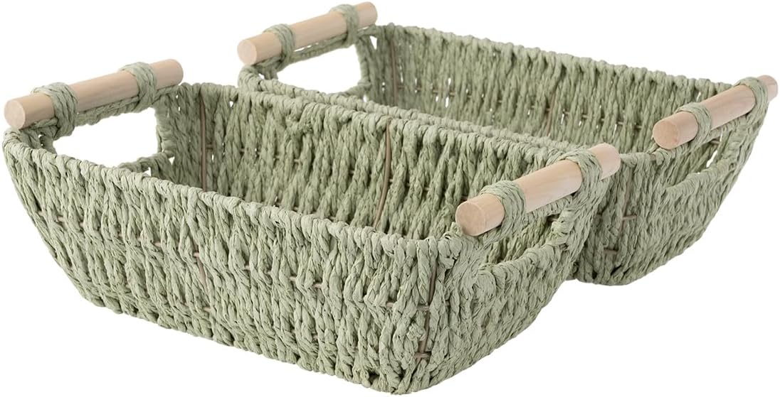 StorageWorks Hand-Woven Large Storage Baskets with Wooden Handles, Water Hyacinth Wicker Baskets for Organizing, 2-Pack