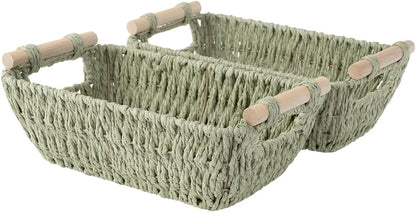 StorageWorks Hand-Woven Large Storage Baskets with Wooden Handles, Water Hyacinth Wicker Baskets for Organizing, 2-Pack