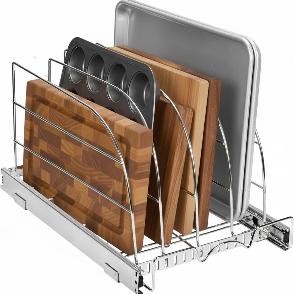 HOLDN’ STORAGE Pull Out Organizer for Bakeware, Cutting Board and Trays, Adjustable Dividers - Heavy Duty, Lifetime Limited Warranty - For Narrow Cabinet Spaces, 8.5”W x 21”D x 11”H, Chrome