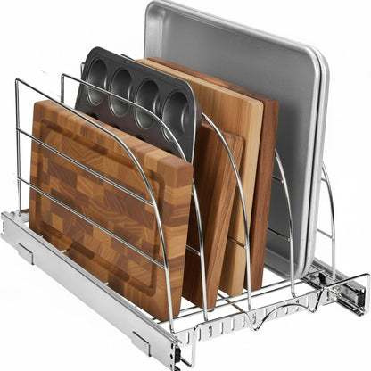 HOLDN’ STORAGE Pull Out Organizer for Bakeware, Cutting Board and Trays, Adjustable Dividers - Heavy Duty, Lifetime Limited Warranty - For Narrow Cabinet Spaces, 8.5”W x 21”D x 11”H, Chrome