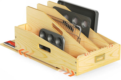Pull Out Organizer for Cabinets, Wooden Baking Sheet Organizer for Pans, Cookie Sheet, Cutting Board, Lids