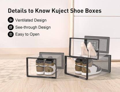 Kuject XX-Large Shoe Storage Boxes Organizers Clear Plastic Stackable 12 Pack, Shoe Rack & Holder Substitute, Sneaker Containers, Toy Storage Organizer Bins for Entryway, Closet, Under Bed, Black