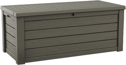 Keter Westwood 150 Gallon Deck Box Organizer, Doubles as 2-Person Bench Seat, Brown – Large Resin Outdoor Storage and Seating with Lockable Lid for Garden, Pool, and Patio