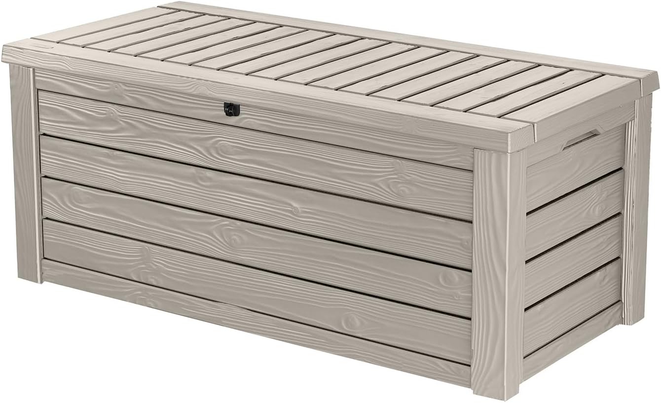 Keter Westwood 150 Gallon Deck Box Organizer, Doubles as 2-Person Bench Seat, Brown – Large Resin Outdoor Storage and Seating with Lockable Lid for Garden, Pool, and Patio