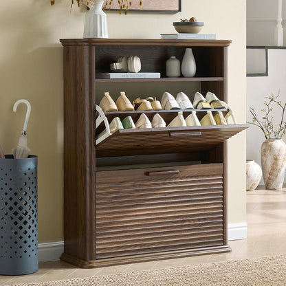 Okvnbjk Fluted Narrow Shoe Cabinet with 2 Flip Drawers, Modern Shoe Storage Cabinet with Open Storage & Curved Profile Design, Wood Shoes Rack for Entryway, Hallway, Foyer, Oak
