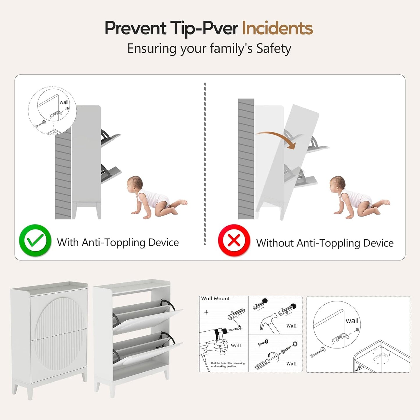 Vlsrka Shoe Cabinet Storage for Entryway with 2 Flip Drawers, Narrow Wooden Shoe Cabinet, Outdoor Hidden Shoe Storage for Entryway, Garage, Foyer, Hallway, Living Room