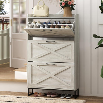 Maupvit Shoe Cabinet with 2 Flip Drawers, Freestanding Shoe Cabinet Organizer with Metal Legs, Shoes Storage Cabinet for Entryway, Narrow Shoe Rack Cabinet, Washed Gray