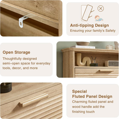 Okvnbjk Fluted Narrow Shoe Cabinet with 2 Flip Drawers, Modern Shoe Storage Cabinet with Open Storage & Curved Profile Design, Wood Shoes Rack for Entryway, Hallway, Foyer, Oak