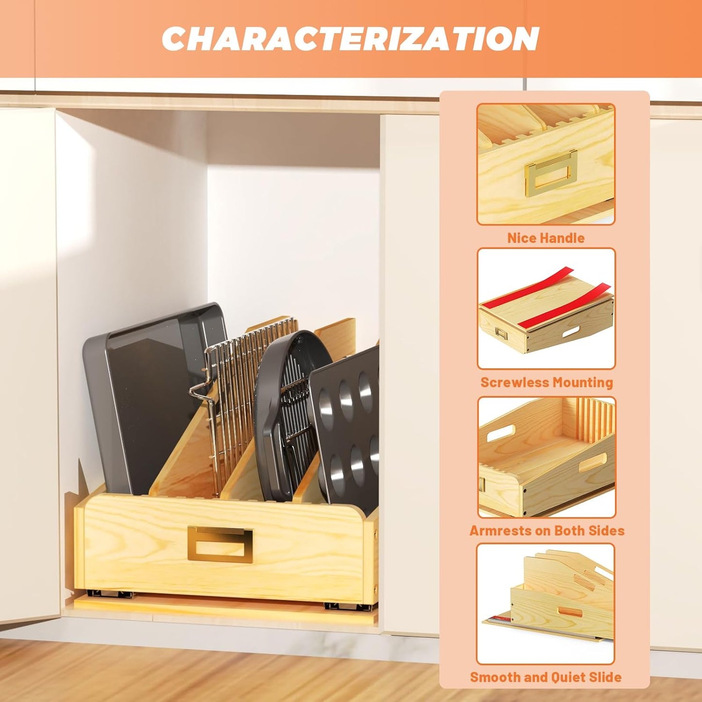 Pull Out Organizer for Cabinets, Wooden Baking Sheet Organizer for Pans, Cookie Sheet, Cutting Board, Lids