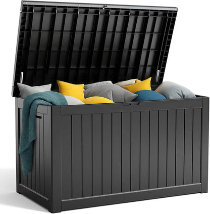 90 Gallon Resin Deck Box, Lockable Patio Outdoor Storage Box for Furniture, Garden Tools and Tools Storage, Waterproof Outside Storage Box - Black