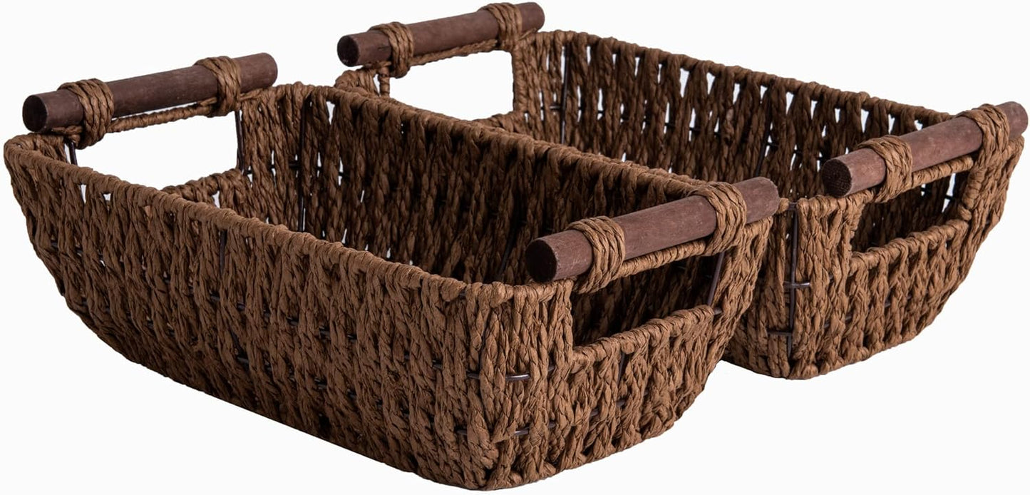 StorageWorks Hand-Woven Large Storage Baskets with Wooden Handles, Water Hyacinth Wicker Baskets for Organizing, 2-Pack