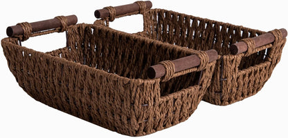StorageWorks Hand-Woven Large Storage Baskets with Wooden Handles, Water Hyacinth Wicker Baskets for Organizing, 2-Pack