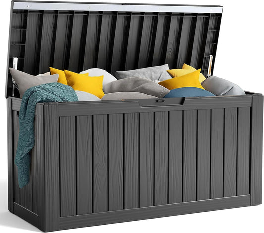 90 Gallon Resin Deck Box, Lockable Patio Outdoor Storage Box for Furniture, Garden Tools and Tools Storage, Waterproof Outside Storage Box - Black