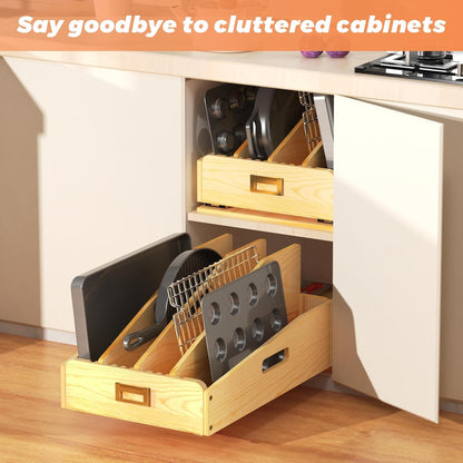 Pull Out Organizer for Cabinets, Wooden Baking Sheet Organizer for Pans, Cookie Sheet, Cutting Board, Lids