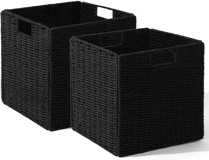 Set of 2 Hand-Woven Paper Rope Wicker Baskets, Storage Basket, Foldable Cube Storage Bins, Brown Storage Cubes, Square Baskets for Organizing Shelves Decor, 12x12x12in