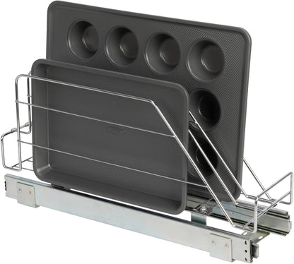 Household Essentials Glidez Multipurpose Chrome-Plated Steel Pull-Out/Slide-Out Storage Organizer for Cookware and Bakeware - Fits Standard Size Cabinet or Shelf, Chrome