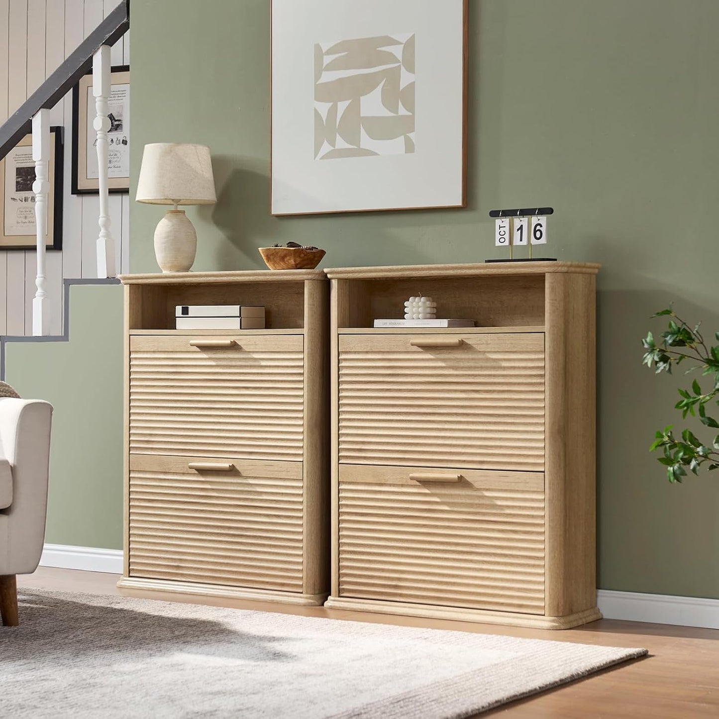 Okvnbjk Fluted Narrow Shoe Cabinet with 2 Flip Drawers, Modern Shoe Storage Cabinet with Open Storage & Curved Profile Design, Wood Shoes Rack for Entryway, Hallway, Foyer, Oak