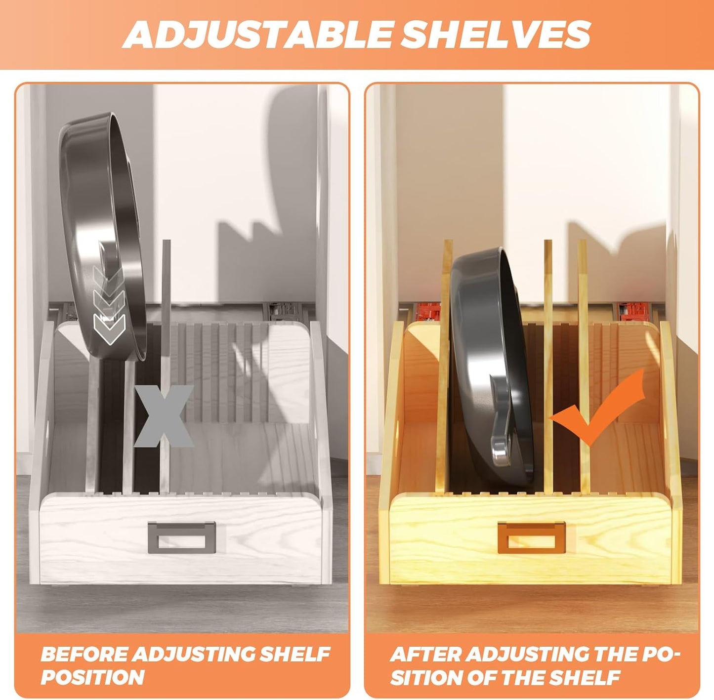 Pull Out Organizer for Cabinets, Wooden Baking Sheet Organizer for Pans, Cookie Sheet, Cutting Board, Lids