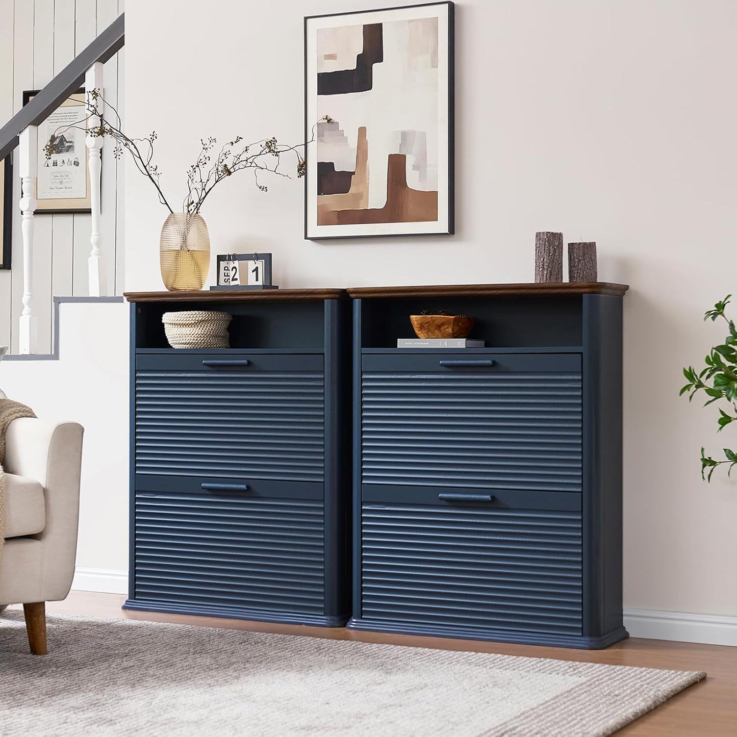 Okvnbjk Fluted Narrow Shoe Cabinet with 2 Flip Drawers, Modern Shoe Storage Cabinet with Open Storage & Curved Profile Design, Wood Shoes Rack for Entryway, Hallway, Foyer, Oak