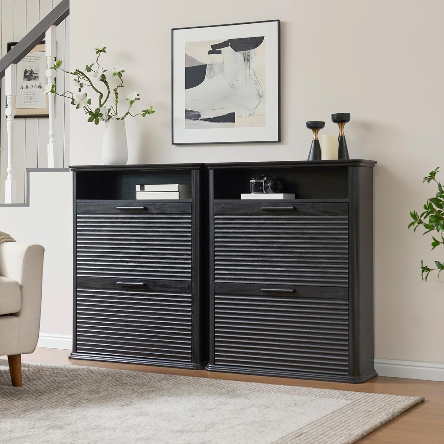 Okvnbjk Fluted Narrow Shoe Cabinet with 2 Flip Drawers, Modern Shoe Storage Cabinet with Open Storage & Curved Profile Design, Wood Shoes Rack for Entryway, Hallway, Foyer, Oak