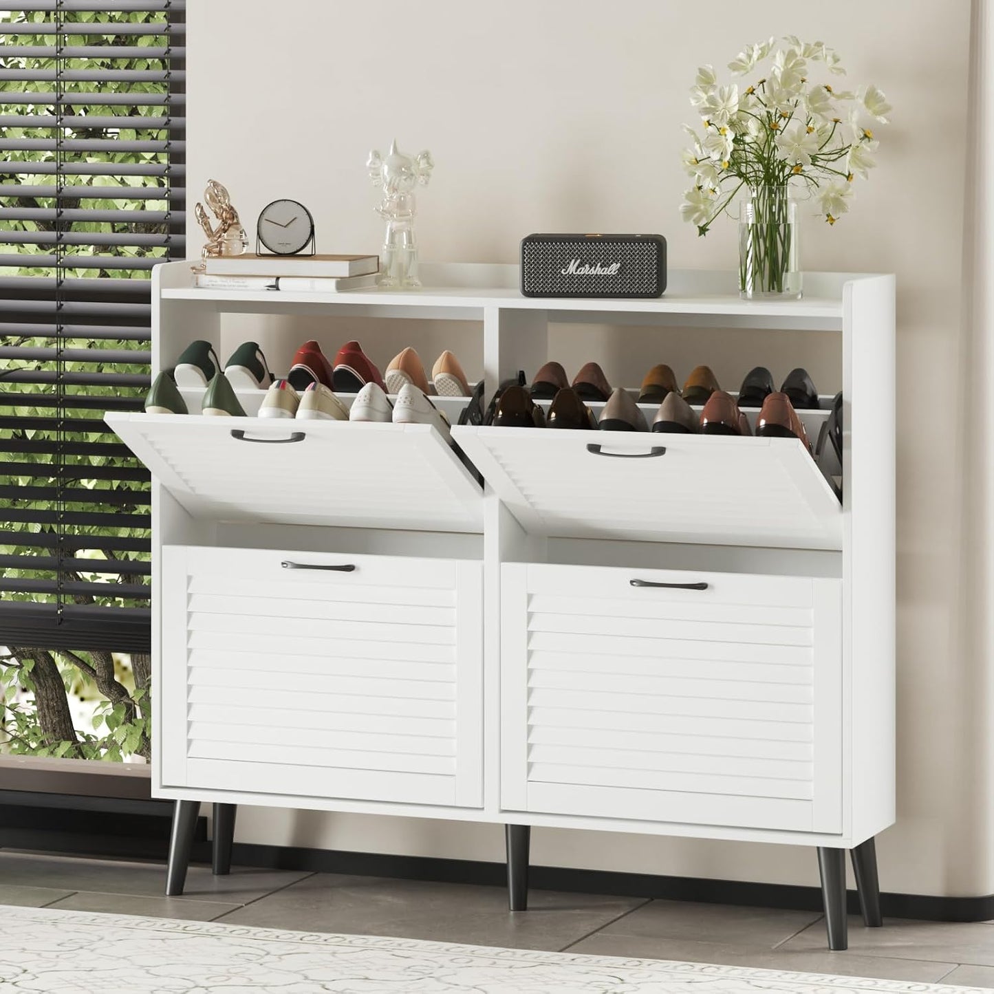 Maupvit Shoe Cabinet with 2 Flip Drawers, Freestanding Shoe Cabinet Organizer with Metal Legs, Shoes Storage Cabinet for Entryway, Narrow Shoe Rack Cabinet, Washed Gray