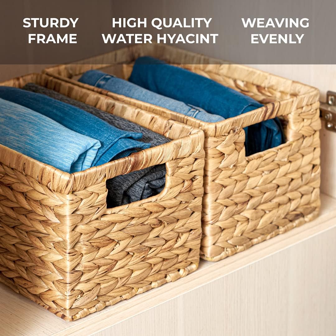 BARIEN Set of 6 Natural Water Hyacinth Woven Storage Baskets 12.6” x 8” x 7”, Rectangular Wicker Basket with Built-in Handles, Medium (Natural - Set of 6)