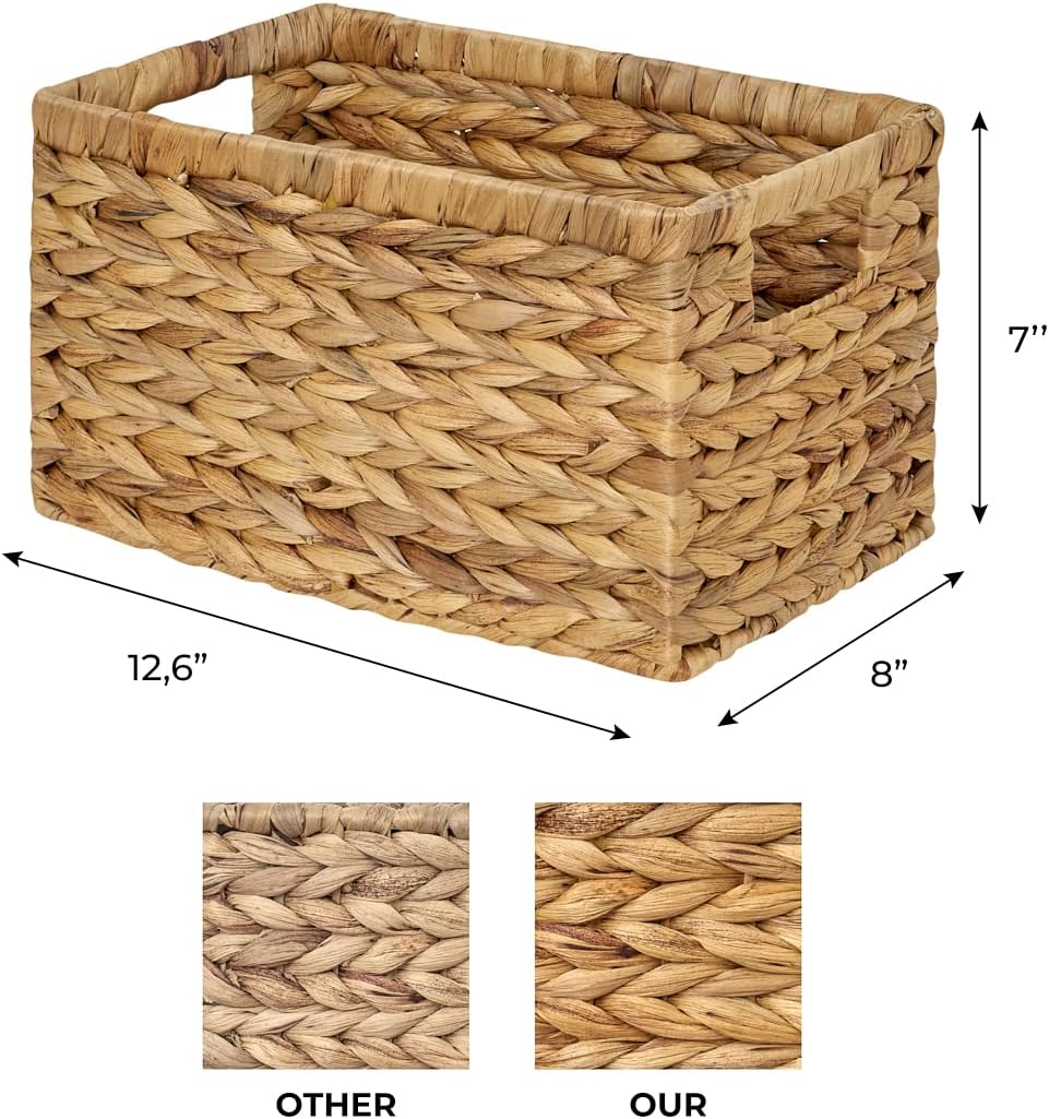 BARIEN Set of 6 Natural Water Hyacinth Woven Storage Baskets 12.6” x 8” x 7”, Rectangular Wicker Basket with Built-in Handles, Medium (Natural - Set of 6)