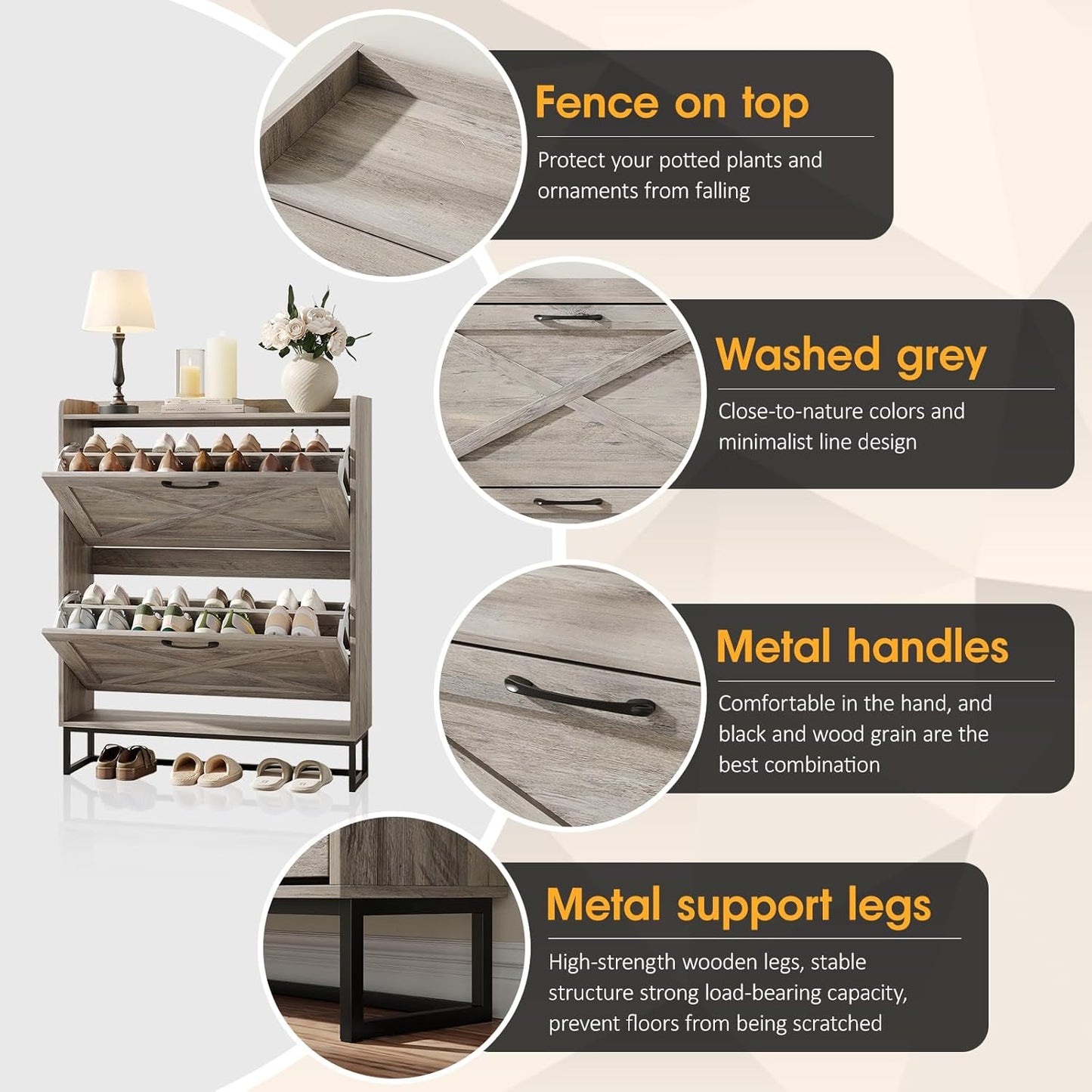 Maupvit Shoe Cabinet with 2 Flip Drawers, Freestanding Shoe Cabinet Organizer with Metal Legs, Shoes Storage Cabinet for Entryway, Narrow Shoe Rack Cabinet, Washed Gray