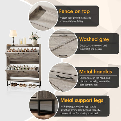 Maupvit Shoe Cabinet with 2 Flip Drawers, Freestanding Shoe Cabinet Organizer with Metal Legs, Shoes Storage Cabinet for Entryway, Narrow Shoe Rack Cabinet, Washed Gray