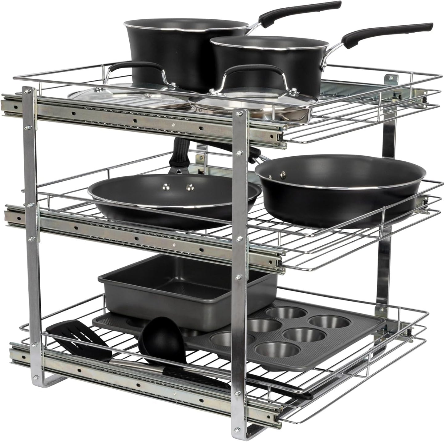 Household Essentials Glidez Multipurpose Chrome-Plated Steel Pull-Out/Slide-Out Storage Organizer for Cookware and Bakeware - Fits Standard Size Cabinet or Shelf, Chrome