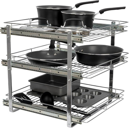 Household Essentials Glidez Multipurpose Chrome-Plated Steel Pull-Out/Slide-Out Storage Organizer for Cookware and Bakeware - Fits Standard Size Cabinet or Shelf, Chrome