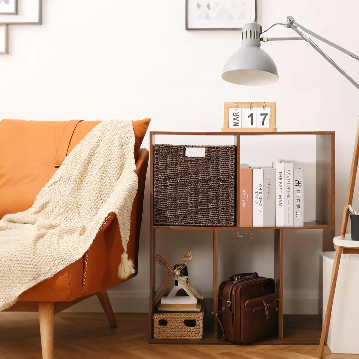 Set of 2 Hand-Woven Paper Rope Wicker Baskets, Storage Basket, Foldable Cube Storage Bins, Brown Storage Cubes, Square Baskets for Organizing Shelves Decor, 12x12x12in