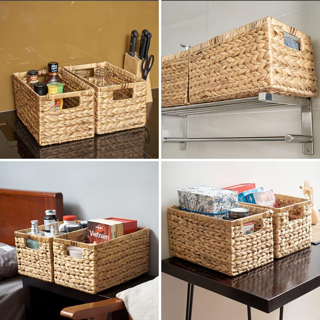 BARIEN Set of 6 Natural Water Hyacinth Woven Storage Baskets 12.6” x 8” x 7”, Rectangular Wicker Basket with Built-in Handles, Medium (Natural - Set of 6)