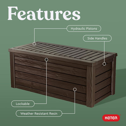 Keter Westwood 150 Gallon Deck Box Organizer, Doubles as 2-Person Bench Seat, Brown – Large Resin Outdoor Storage and Seating with Lockable Lid for Garden, Pool, and Patio